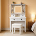 White Vanity Desk with Barn-Style Sliding Mirror and Lights, Glass Tabletop Makeup Vanity Desk with Drawers & Shelves, Farmhouse Vanity Dressing Table with Stool