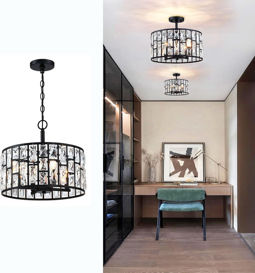 Farmhouse Crystal Convertible Chandelier and Semi Flush Mount Lighting Black Cylinder Drum Shade Pendant for Kitchen Island Dining Room Bedroom Hallway