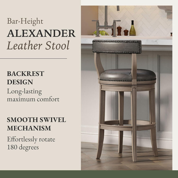 Alexander 31 Inch Tall Bar Height Rotating Low Back Barstool in Reclaimed Oak Finish with Ronan Stone Vegan Leather Seat