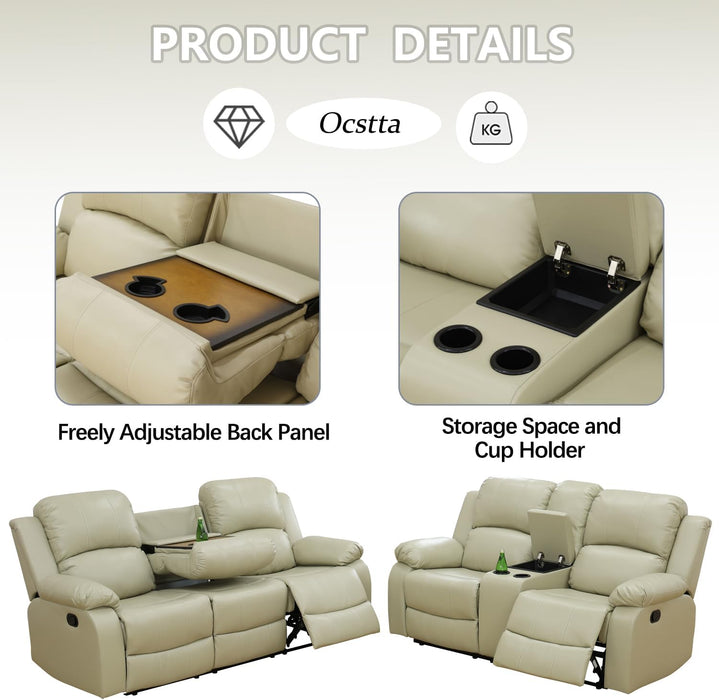 Manual Leather Sofa Recliner Set for Living Room Furniture Set,Leather Recliner Couch Set for Home/Office,Leather Reclining Sofa Set for 3-Pieces(Sofa+Loveseat+Chair) Beige