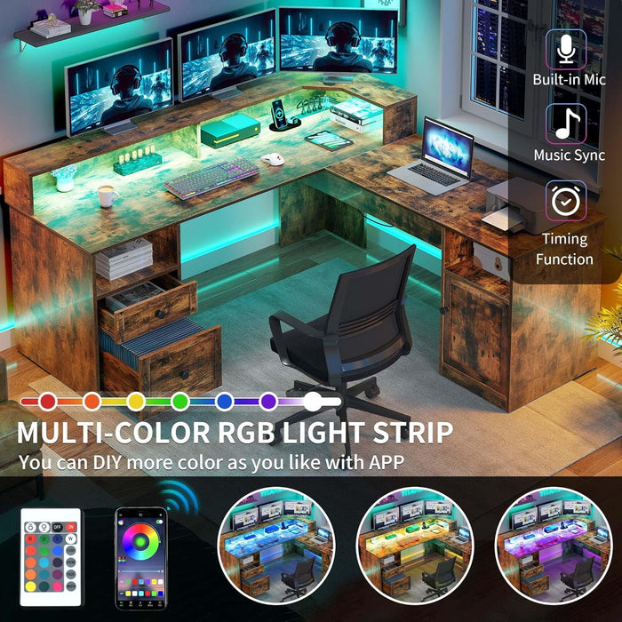 L Shaped Desk with Power Outlets & LED Lights, 60” Corner Computer Desk with Drawers & Lift Top, Home Office Desk with Monitor Stand & File Cabinet, Wood Height Adjustable Desk, Rustic Brown