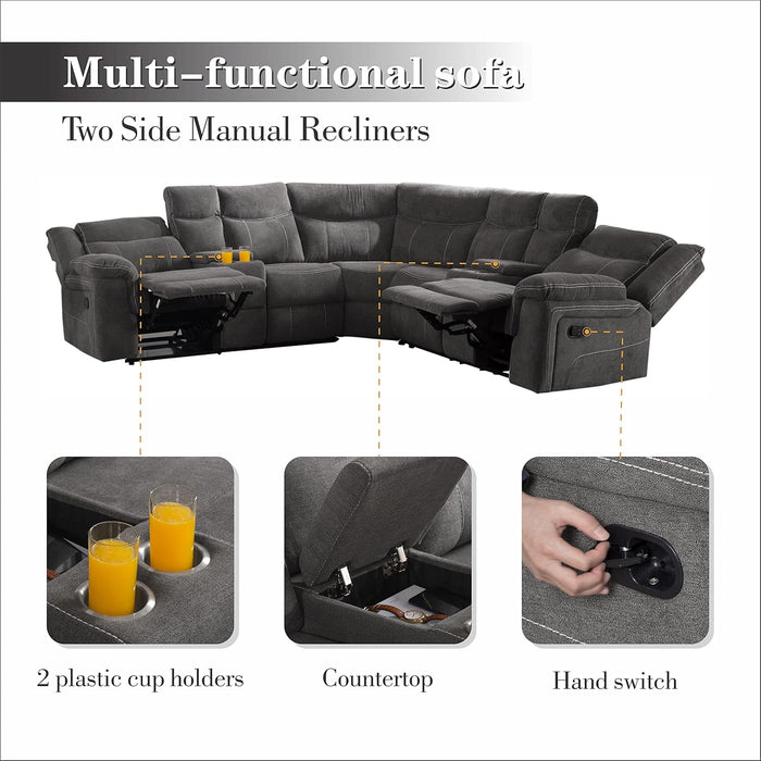 Manual Reclining Sectional Sofa  Premium Fabric, Console