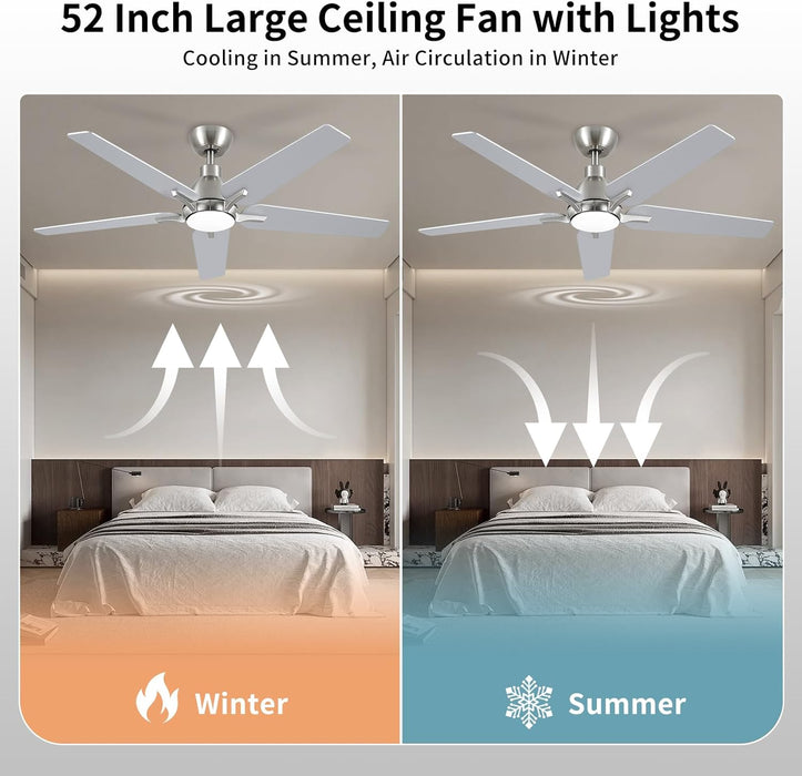 52 Inch Ceiling Fans with Lights and Remote, Brushed Nickel Modern Ceiling Fan for Bedroom, Living Room, Dining Room, Patio, 3CCT Dimmable 6 Speeds DC Quiet Reversible
