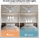 52 Inch Ceiling Fans with Lights and Remote, Brushed Nickel Modern Ceiling Fan for Bedroom, Living Room, Dining Room, Patio, 3CCT Dimmable 6 Speeds DC Quiet Reversible