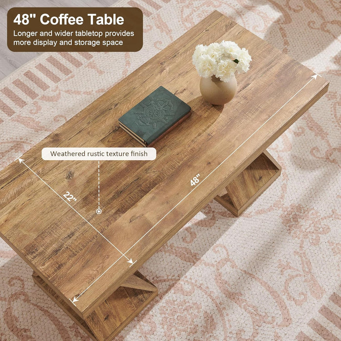 Modern Coffee Table, 48" Twisted Center Table with Wood Thickened Pedestal, Rectangular Rustic Living Room Table, Farmhouse Storage Low Cocktail Tea Table,Golden Rustic Barnwood