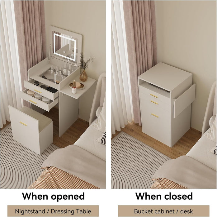 Small Vanity Desk Set with Flip-Top Mirror and Lights White Integrated 3 in 1 Makeup Vanities Set for Compact Space Mini Dressing Table with Fold-Up Panel and Storage Chair for Bedroom