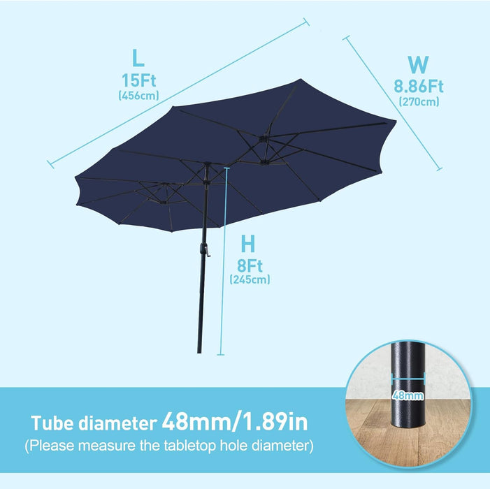 Large Patio Umbrella with Base Included,15Ft Double Sided Outdoor Rectangular Patio Umbrella with Crank Handle, for Lawn Garden, Blue