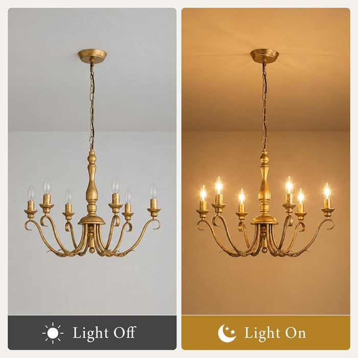 Farmhouse Vintage Antique Brass Chandelier: Distressed Gold Candle Fixture