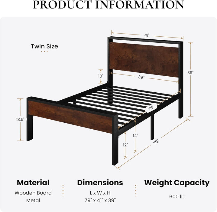 14 Inch Twin Size Metal Platform Bed Frame with Wooden Headboard and Footboard, Mattress Foundation, No Box Spring Needed, Large under Bed Storage, Heavy Duty Slats Support, Mahogany