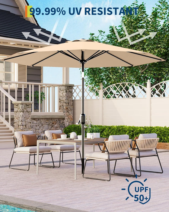 10 Ft Patio Umbrella with Solar Lights, 8 Ribs Outdoor Market Table Umbrella with 40 LED Lights & Tilt Crank for Pool, Deck, Backyard (Tan)