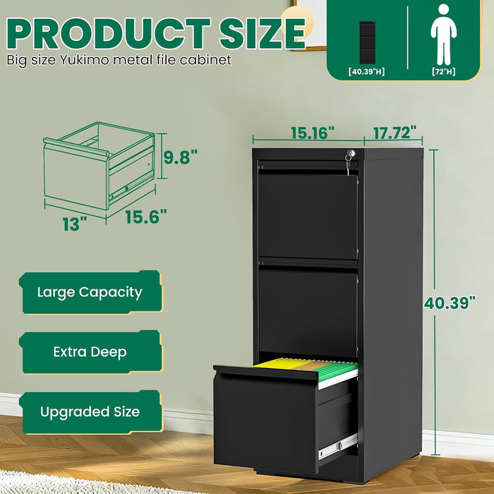 3 Drawer File Cabinet with Lock, Vertical Filing Cabinets for Home Office, Metal Storage Cabinets, Heavy Duty File Cabinet for Letter/Legal/A4/F4 Size Amsseble Required, Black