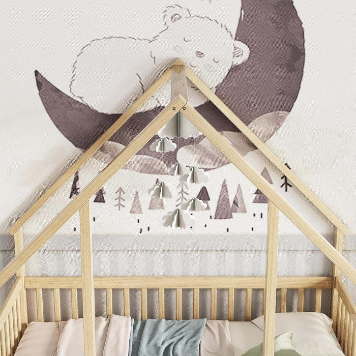 Full Size House-Shaped Natural Wooden Kids Floor Bed