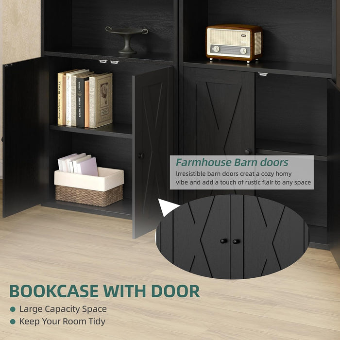 Bookshelf, Industrial Bookshelves and Bookcases with Doors Floor Standing 6 Shelf Display Storage Shelves 70.6 Inches Tall Bookcase for Home Office, Living Room (Black)