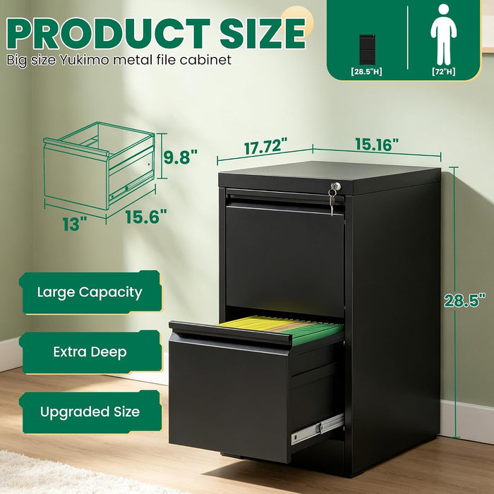 2 Drawer File Cabinet with Lock, Vertical Filing Cabinets for Home Office, Metal Storage Cabinets, Heavy Duty File Cabinet for Letter/Legal/A4/F4 Size Amsseble Required, Black