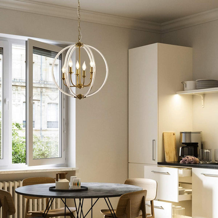 Six Globular Pendant Chandelier Acrylic Brass Finish