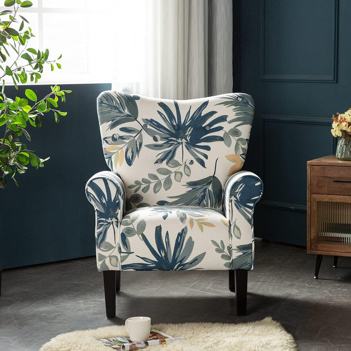 Modern Accent Chair,High Back Armchair,Upholstered Fabric Button Single Sofa with Wooden Legs for Living Room,Bedroom,Blue Leaves
