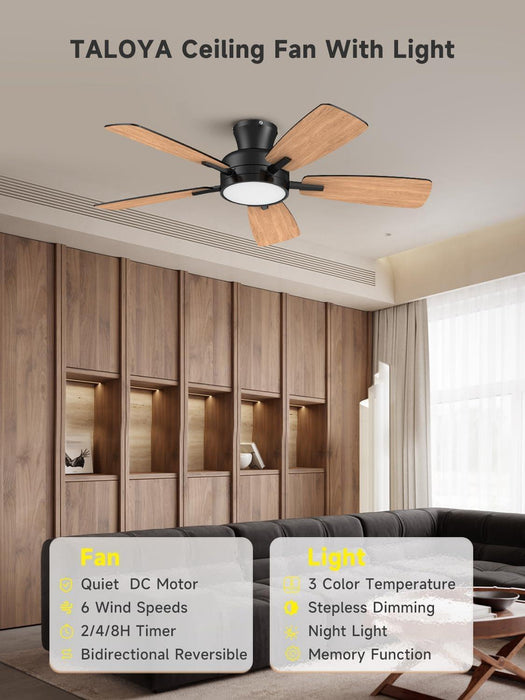 Ceiling Fans with Lights and Remote, 46 Inch Low Profile Ceiling Fan with Light, Flush Mount, Reversible, 3CCT, Dimmable Black Modern Ceiling Fan for Bedroom, Living Room, Outdoor Patio
