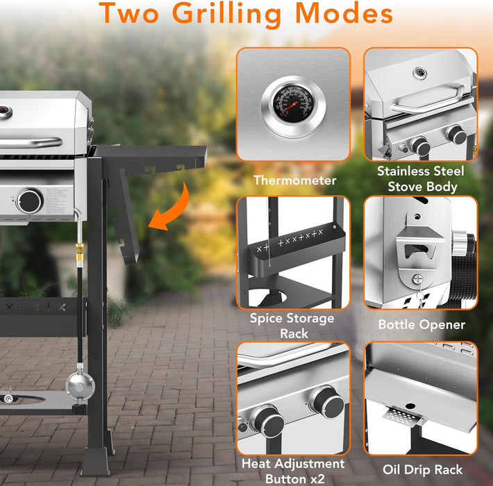 Propane Gas BBQ Grill 2-Burner Barbecue Grills with Cast Iron Frying Pan and Grates Combo, 16000 BTU Output Stainless Steel Grill for Outdoor Cooking, Patio, Backyard Party