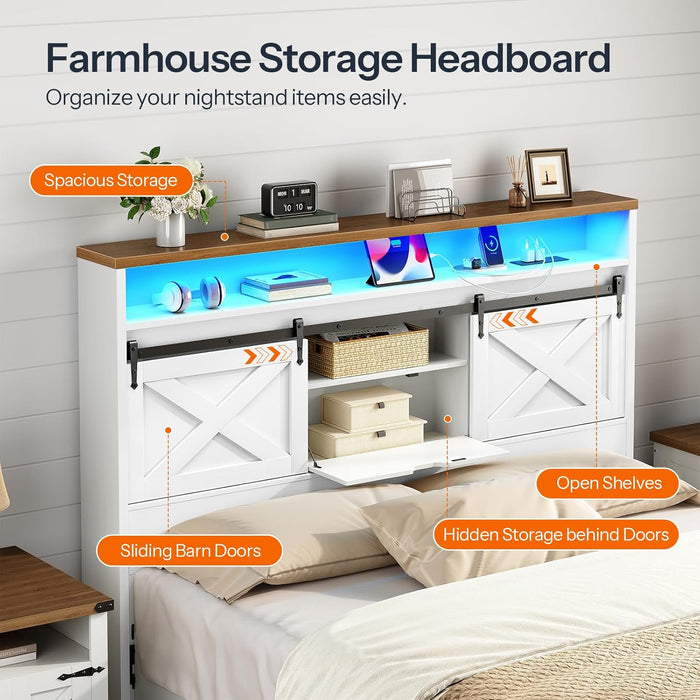 Headboard Queen Size with Storage, Farmhouse Queen Headboard Only with Charging Station and LED Lights, Bookcase Headboards with Flip-Down Drawer, Sliding Barn Doors, White and Walnut