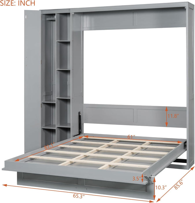 Queen Size Murphy Bed Wall Bed with Shelves, Drawers and LED Lights,Gray