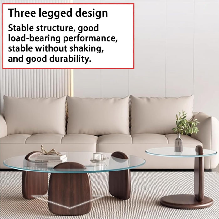 Modern round Coffee Table with Glass Top, 32.68" D X 22.44" W X 15.75" H, Circular Tea Tables for Living Room Home Office Industrial Cocktail Tables (Walunt-Clear Glass/35.43")