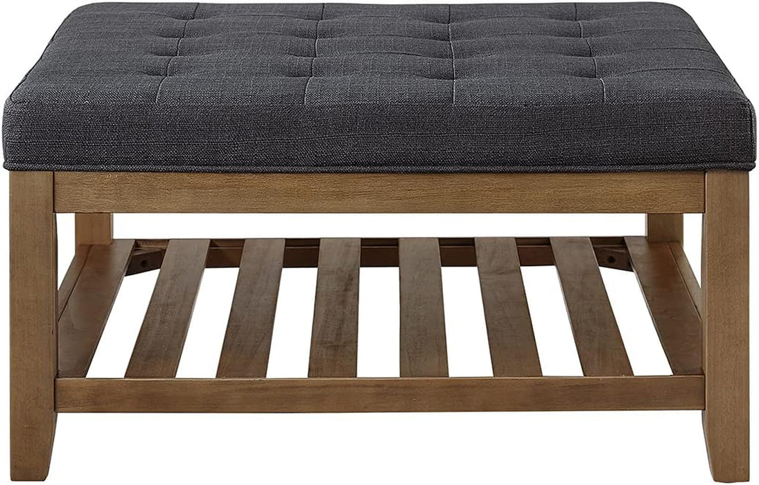 Large Square Upholstered Tufted Linen Ottoman Coffee Table, Large Footrest Ottoman with Solid Wood Shelf- Charcoal