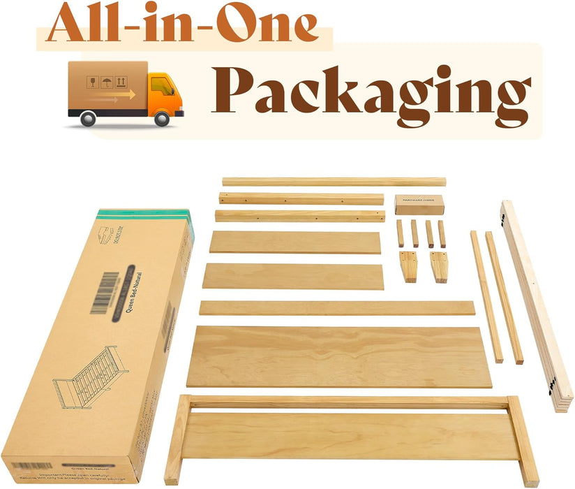 Queen Size Solid Wood Bed Frame with Headboard, Minimalist Platform Bed with Wood Slats Support/No Box Spring Needed/Easy Assembly/Noise-Free, Natural