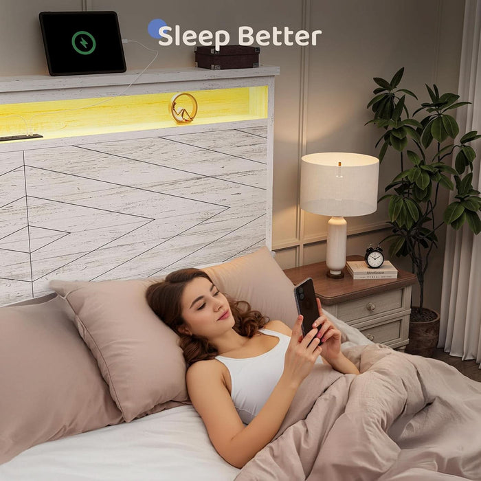 Queen Size Bed Frame with 2 Storage Drawers and Headboard Wooden Platform Bed Frame with LED Lights and Charging Station Easy Assembly/No Box Spring Needed/White