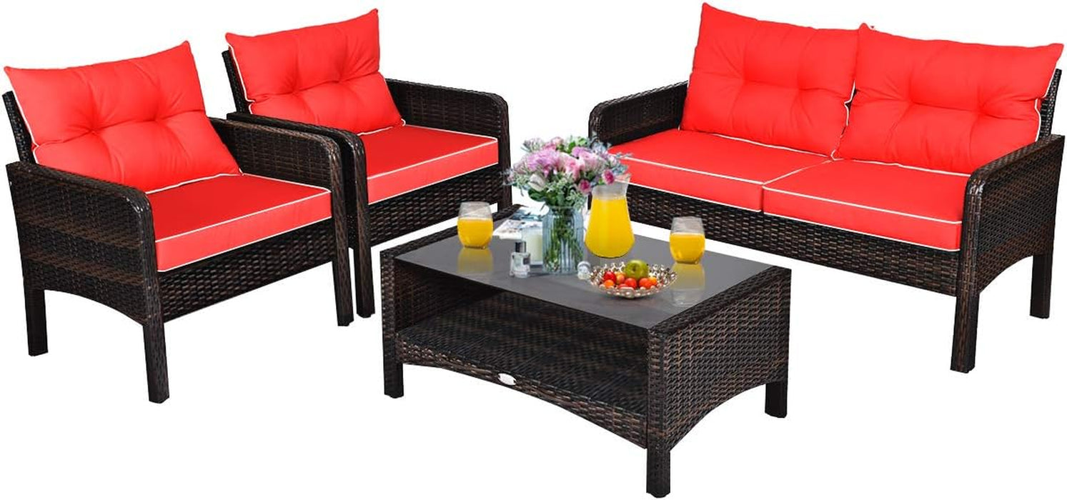 4 Piece Patio Furniture Set, Outdoor Wicker Conversation Set with Glass Top Coffee Table, All Weather Proof and Thick Cushions, Suitable for Porch, Garden, Poolside and Lawn (Red)