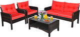 4 Piece Patio Furniture Set, Outdoor Wicker Conversation Set with Glass Top Coffee Table, All Weather Proof and Thick Cushions, Suitable for Porch, Garden, Poolside and Lawn (Red)