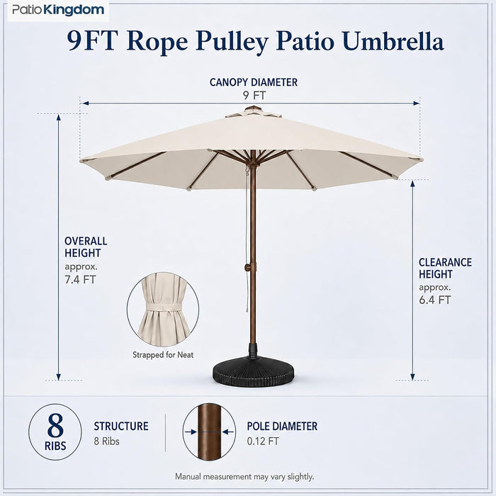 9FT Patio Umbrella, Outdoor Table Umbrella with Rope Pulley Lift, 3 Adjustable Heights, Market Umbrellas for Backyard, Pool and Deck, UPF50+