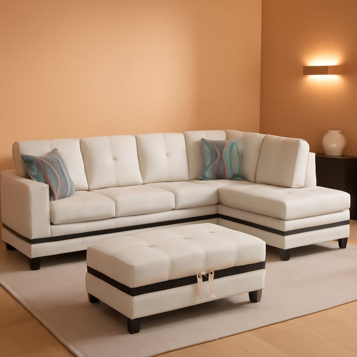 Sectional Sofa Faux Leather Modern L Shaped Couch Set 103.5”Wide Including Chaise and 3 Seating Sofa with Storage Ottoman for Living Room Furniture (Right Hand Facing, A-White)