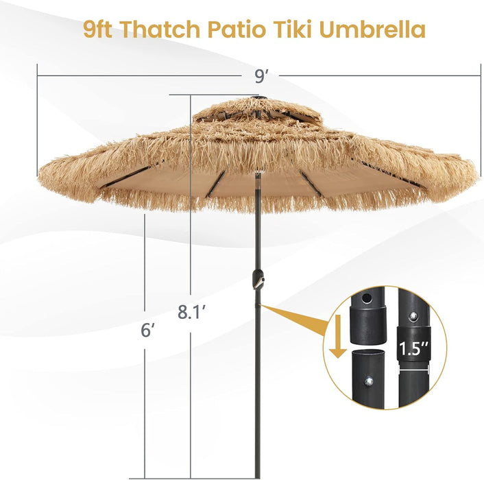 9 Ft Thatched Patio Umbrella, 2 Tier Hawaiian Style Grass Beach Umbrella with 32 Led Lights, Center Light, Solar Tiki Umbrella with 8 Ribs, Tilt Adjustment, Manual Crank for Backyard Pool