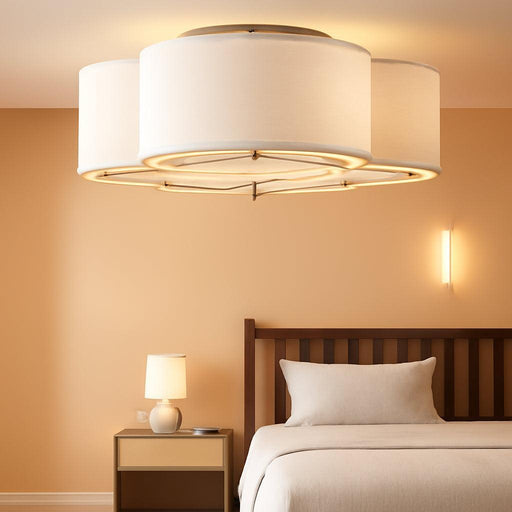 Caged Ceiling Fan with Light, Rattan Flush Mount Ceiling Fans with Lights Remote Control, Low Profile Fabric Enclosed with 6 Speeds for Bedroom, Living Room, Foyer, Nursery (White)