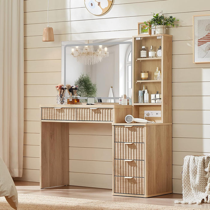 Vanity Desk with Mirror and Lights, 43.5'' Fluted Makeup Vanity with 6 Drawers and Adjustable Shelves, Glass Top Make up Vanity, Girls Wood Dressing Table with Power Outlet for Bedroom
