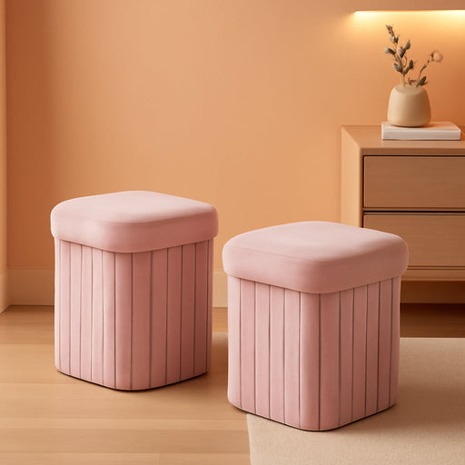 2 Pcs Storage Ottoman Flower Shaped Foot Stools Foldable Velvet Storage Box Footrest Small Ottoman Seat with Folding Vanity Stool for Dorm Home 12. 6 X 12. 6 X 12. 6 Inch(Pink)