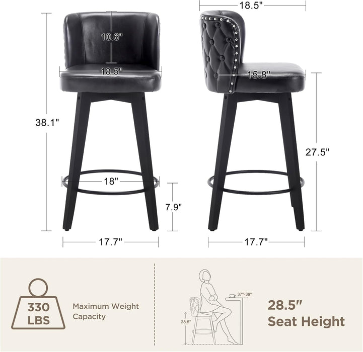 Swivel Bar Stool Set of 3, Faux Leather Low Back Counter Height Bar Stools, 27.5" Upholstered Tufted Counter Barstools with Wood Legs for Kitchen Island, Home Bar (Black)