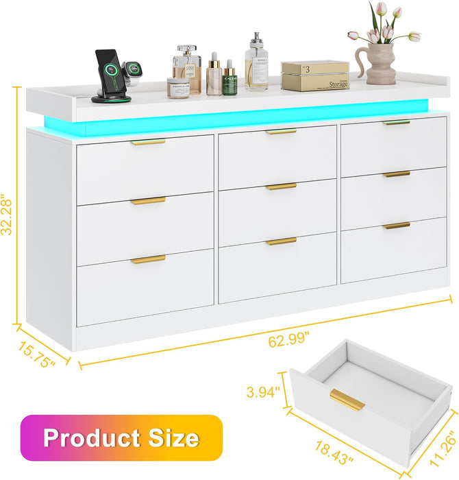 9 Drawer Dresser for Bedroom, White Dresser with LED Lights and Charging Station, Modern Chest of Drawer, Wood Triple Wide Drawer Organizer Cabinet for Bedroom, Living Room, Entryway, Hallway