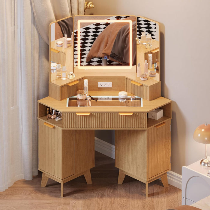 48 in Fluted Makeup Vanity Desk, Large Lighted Corner Vanity with HD Triple Mirror and Lights, Dressing Table with Glass Top & Charging Station for Bedroom