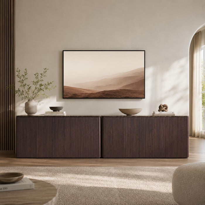 64" Fluted Sideboard Buffet Cabinet with Faux Marble Top, Dark Walnut | Wood Credenza with Storage Shelves, Modern Console Table for Coffee Bar, Dining Room, Kitchen, Living Room & Entryway
