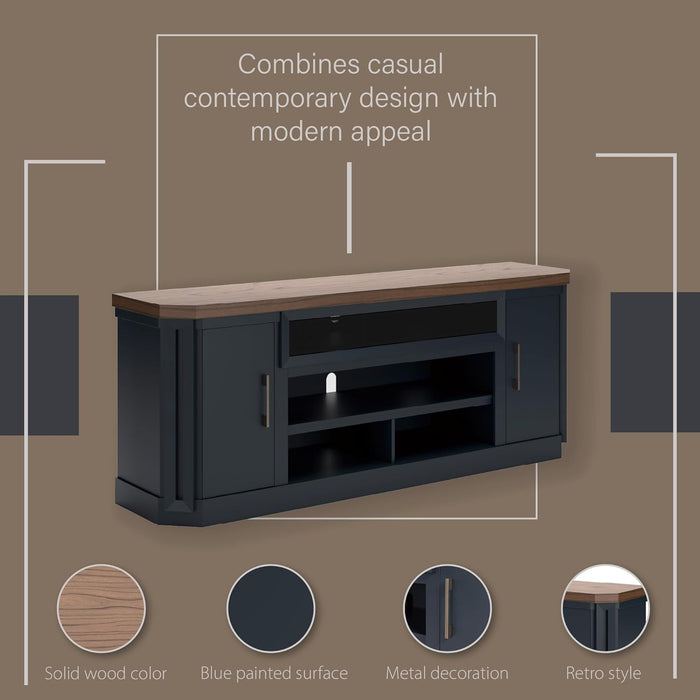 Landocken Contemporary 83" TV Stand for Tvs up to 95" with Fireplace Option, 2 Cabinets, 2 Doors, 2 Adjustable Shelves, Open Cubbies and Cord Openings, Dark Brown & Blue