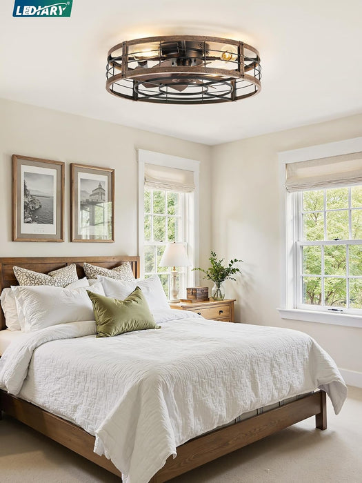 23" Black Gold Caged Low Profile Ceiling Fan with Light and Remote