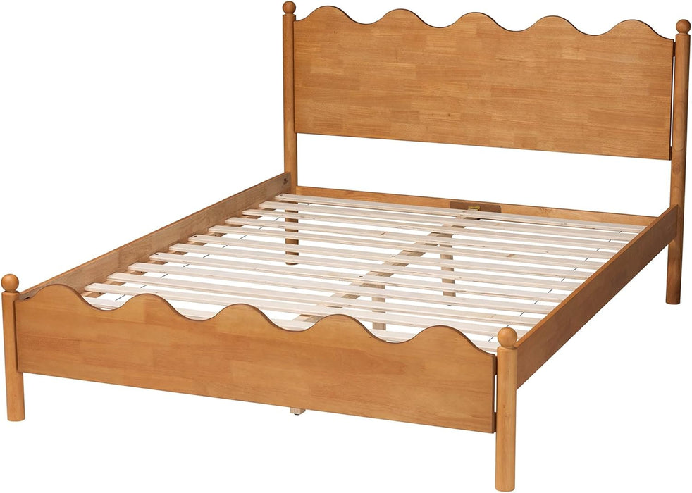 Malaya Modern Oak Brown Wood Queen Platform Bed with Scalloped Edges