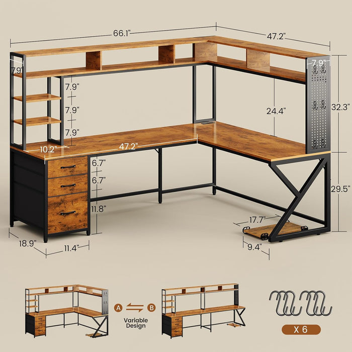L Shaped Desk with Hutch and 3 Drawers, Convertible 94.5" Computer Desk with File Drawer, L Shaped Office Desk with Power Outlet, LED Lights, Storage and Pegboard for Home Office, Brown