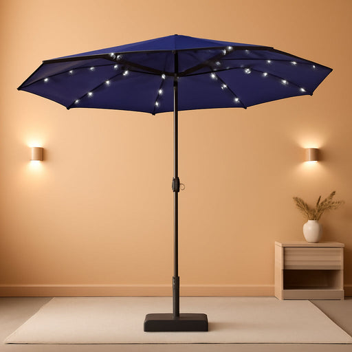 15Ft Large Patio Umbrella with Base & Solar Lights,Rectangle,Navy