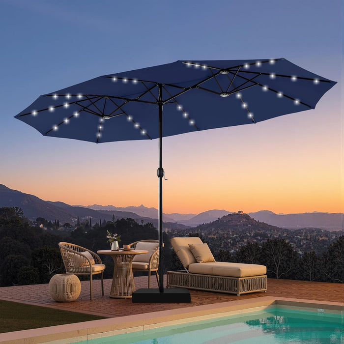 15Ft Large Patio Umbrella with Base & Solar Lights,Rectangle,Navy