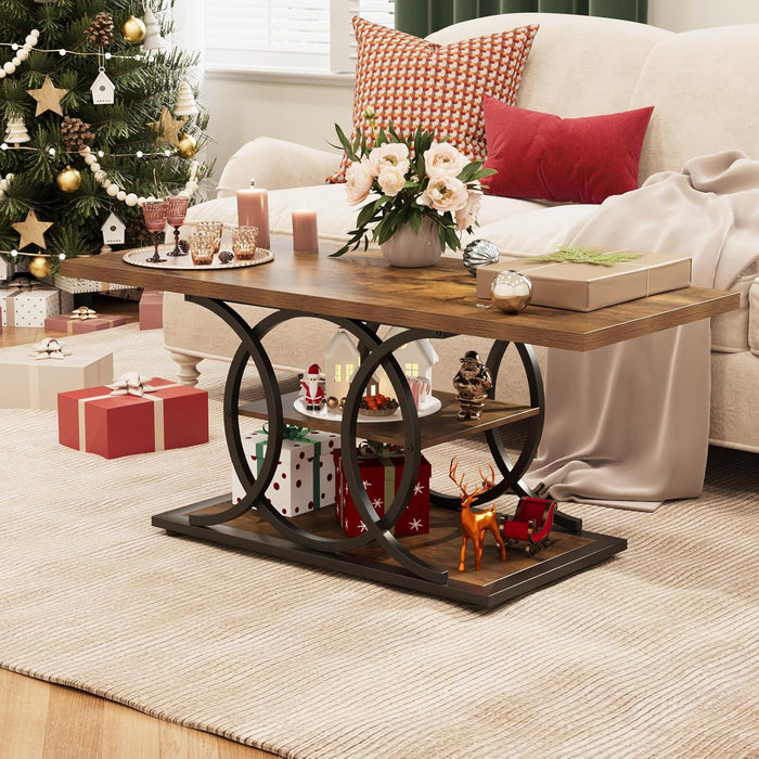 Rustic Coffee Table with Storage Industrial 3 Tier Center Living Room Table Farmhouse Wooden Rectangle Cocktail Tea Table for Office Bedroom Elegant Full Moon round Metal Frame (Brown, L-47)