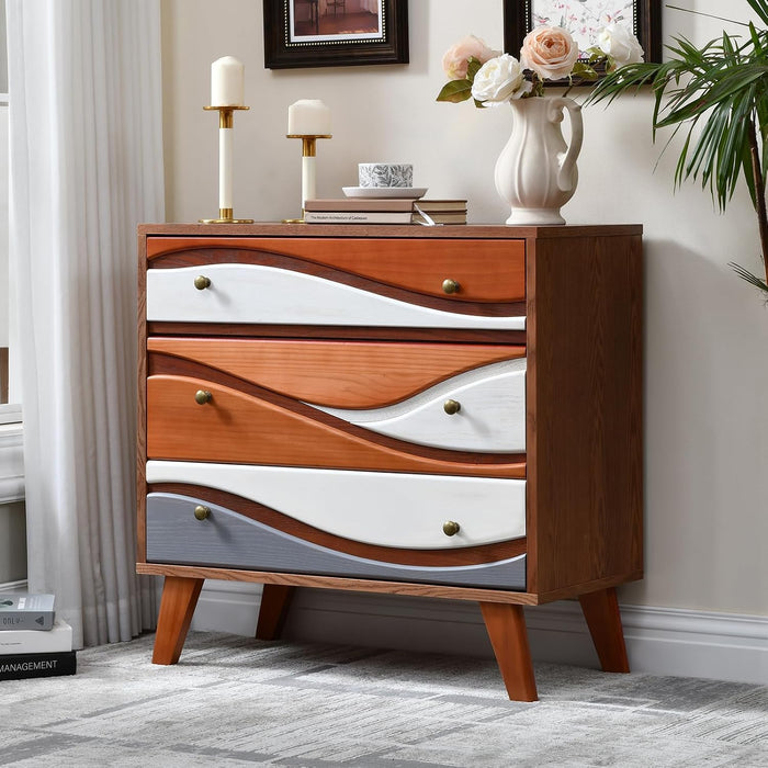 3-Drawer Dresser with Sculpted Wave Fronts, Tri-Color Drawer Design, Modern Chest of Drawers Storage Cabinet for Bedroom, Living Room, Hallway, or Office
