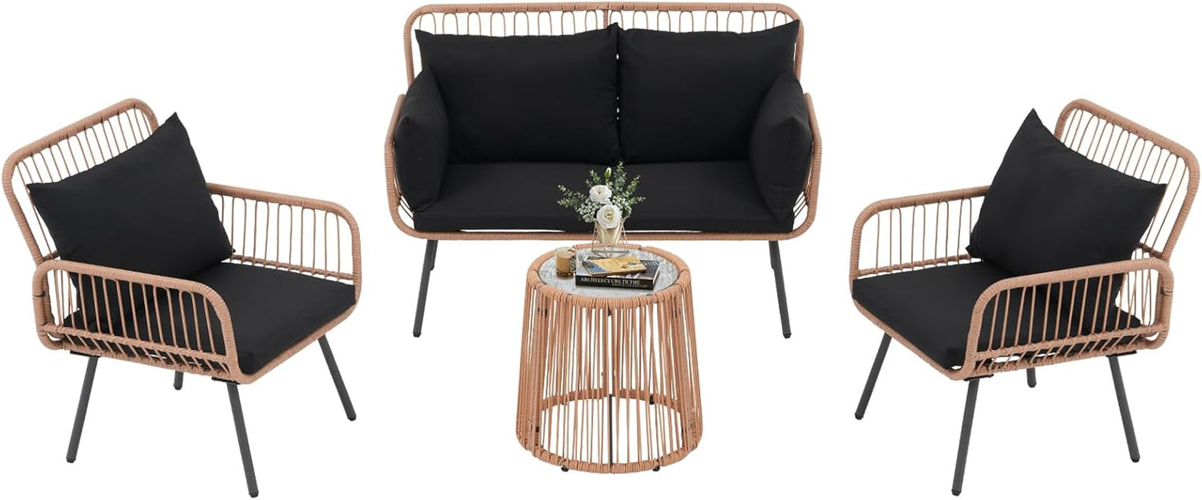 4 Pieces Patio Furniture Set, Outdoor Wicker Patio Conversation Set, Patio Sectional Table and Chairs Set of 4 with Cushion and Pillow, Coffee Side Table (Black)