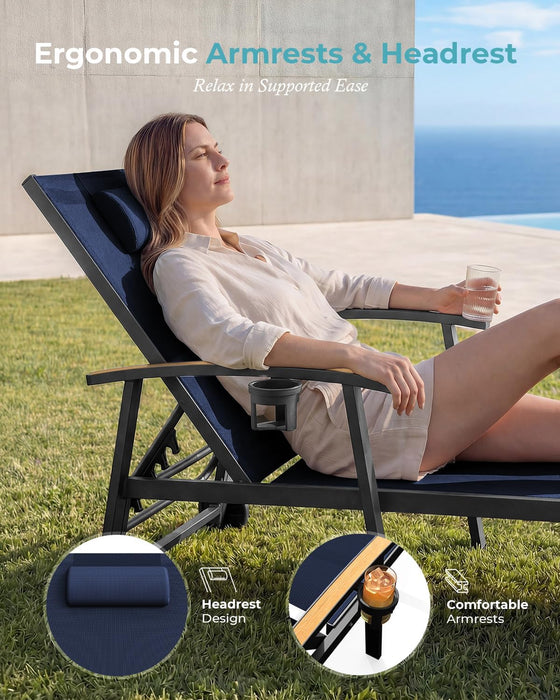 Outdoor Lounge Chair with Pillow, 5-Position Aluminum Chaise Lounge with Wheels & Armrests, 400 Lbs Heavy Duty Patio Pool Chair for Deck, Backyard, Beach & Poolside, Navy Blue